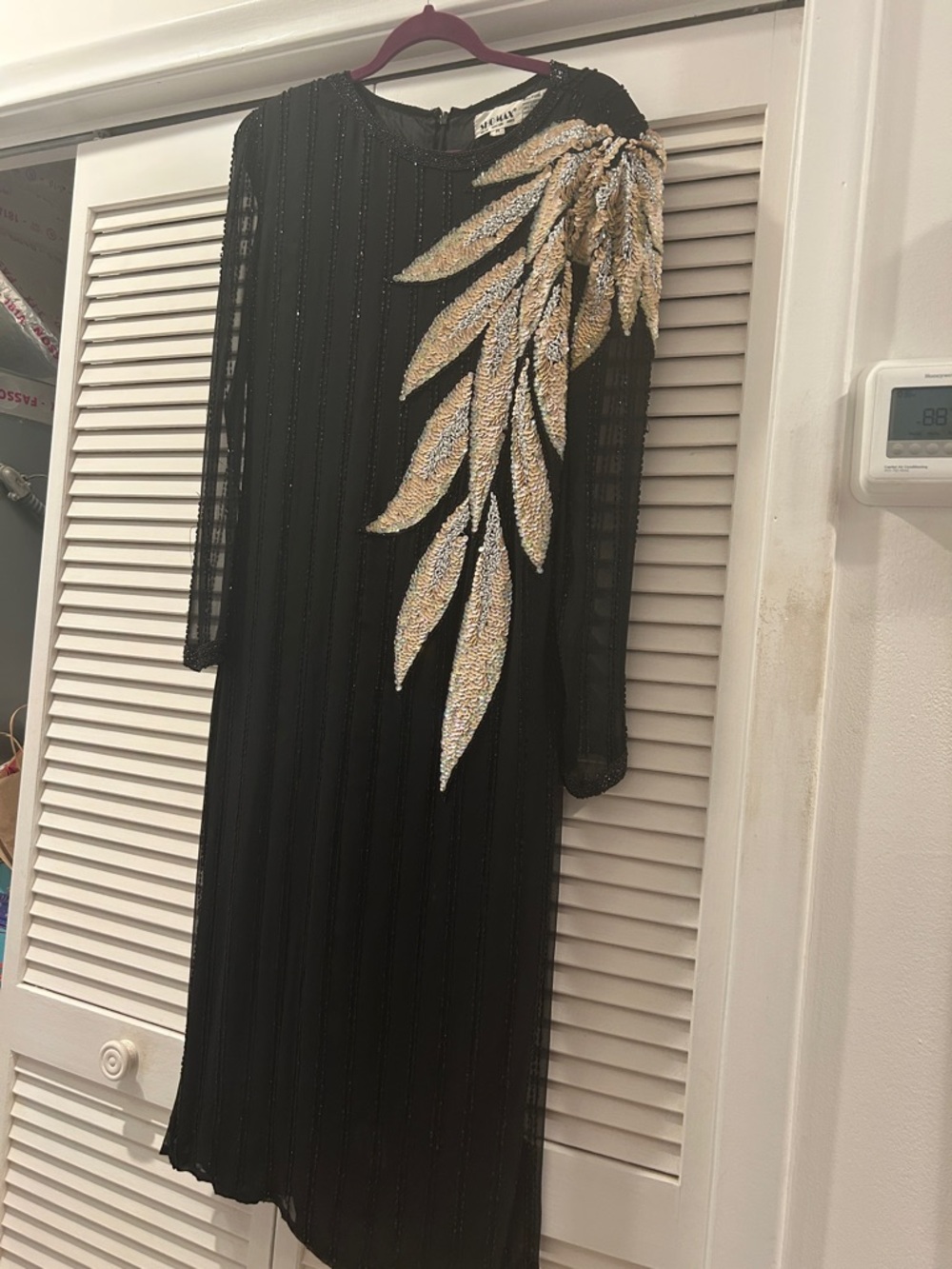 Black Embellished Leaf-Accent Evening Dress